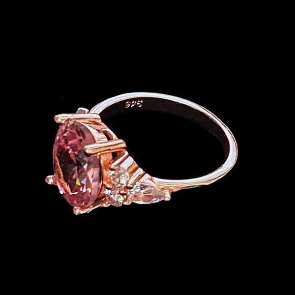Cocktail Dinner Ring Inlaid Pink Crystal Zircon Rose Golden 925 Silver Plate - Picture 3 of 11